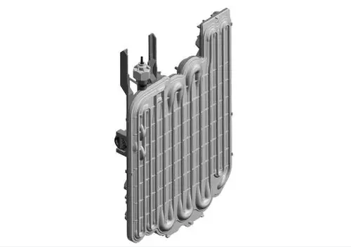 BOSCH Heizkörper mit gerippter Oberfläche und komplexer Rohrstruktur, geeignet zur Wandmontage in einem Heizsystem.
